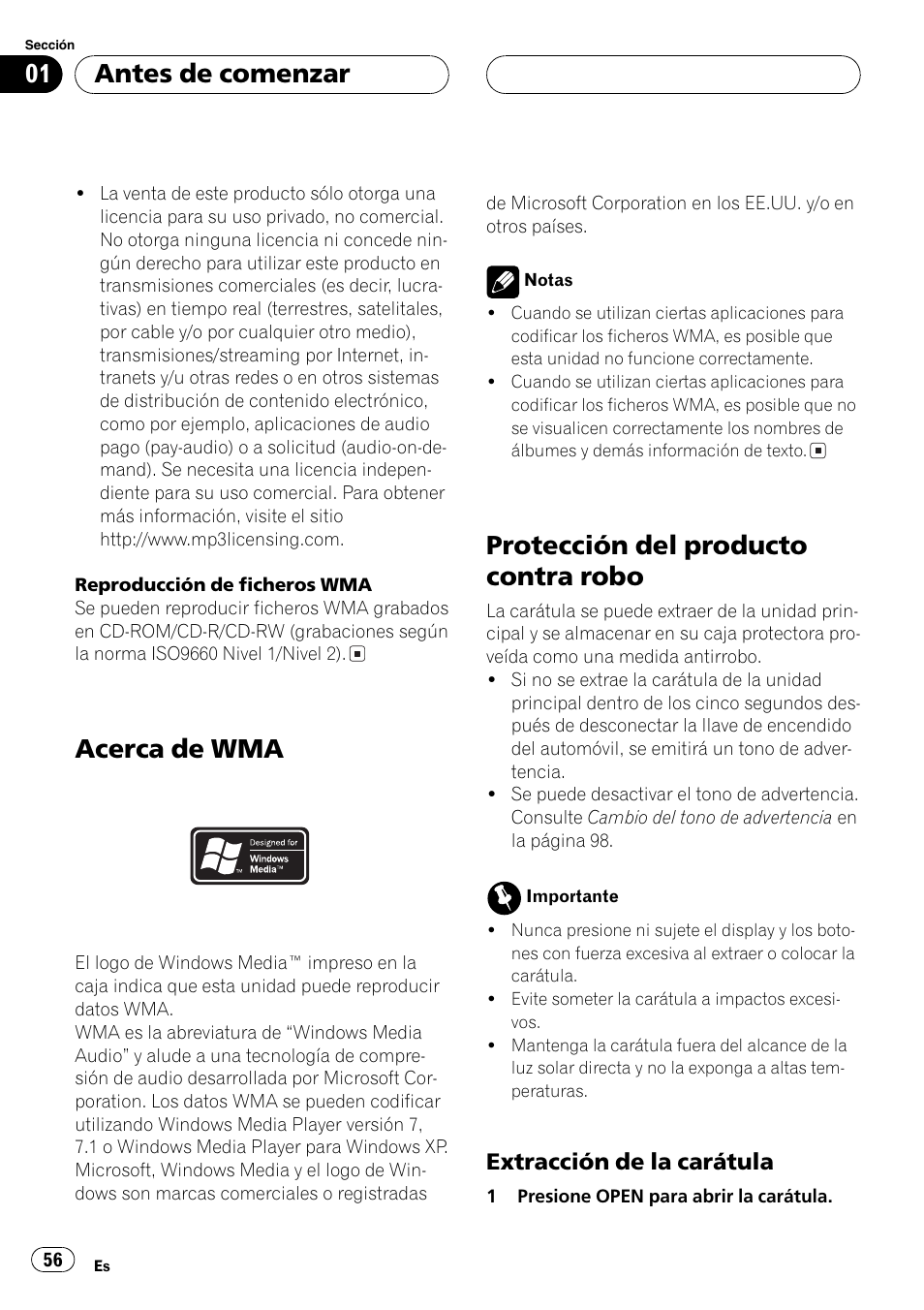 Acerca de wma 56, Protección del producto contra robo 56, Extracción de la carátula 56 | Acerca de wma, Protección del producto contra robo, Antes de comenzar, Extracción de la carátula | Pioneer DEH-P77MP User Manual | Page 56 / 112