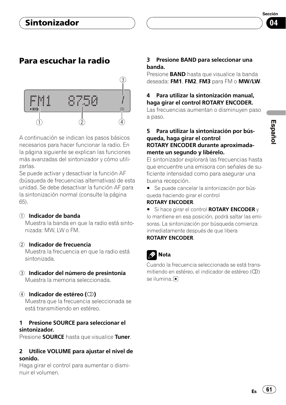 Sintonizador, Para escuchar la radio 61, Para escuchar la radio | Pioneer DEH-P77MP User Manual | Page 61 / 112