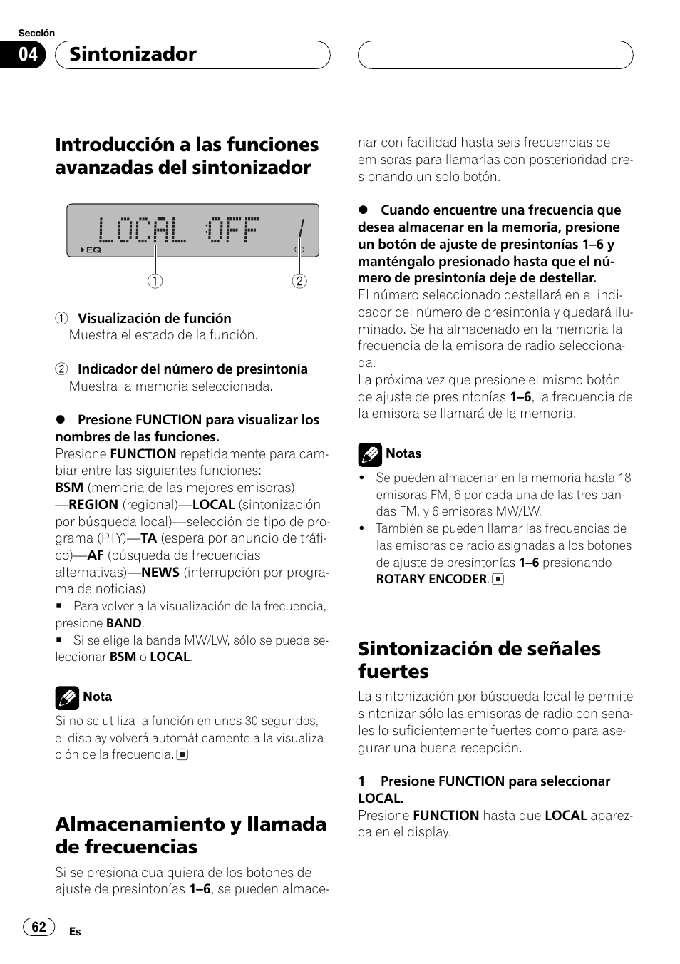 Introducción a las funciones avanzadas del, Sintonizador 62, Almacenamiento y llamada de | Frecuencias 62, Sintonización de señales fuertes 62, Almacenamiento y llamada de frecuencias, Sintonización de señales fuertes, Sintonizador | Pioneer DEH-P77MP User Manual | Page 62 / 112