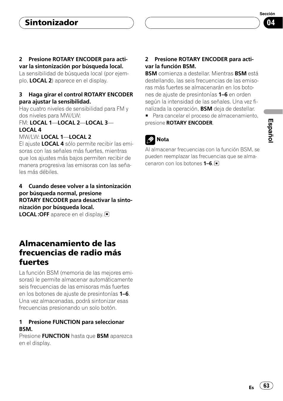 Almacenamiento de las frecuencias de radio, Más fuertes 63, Sintonizador | Pioneer DEH-P77MP User Manual | Page 63 / 112