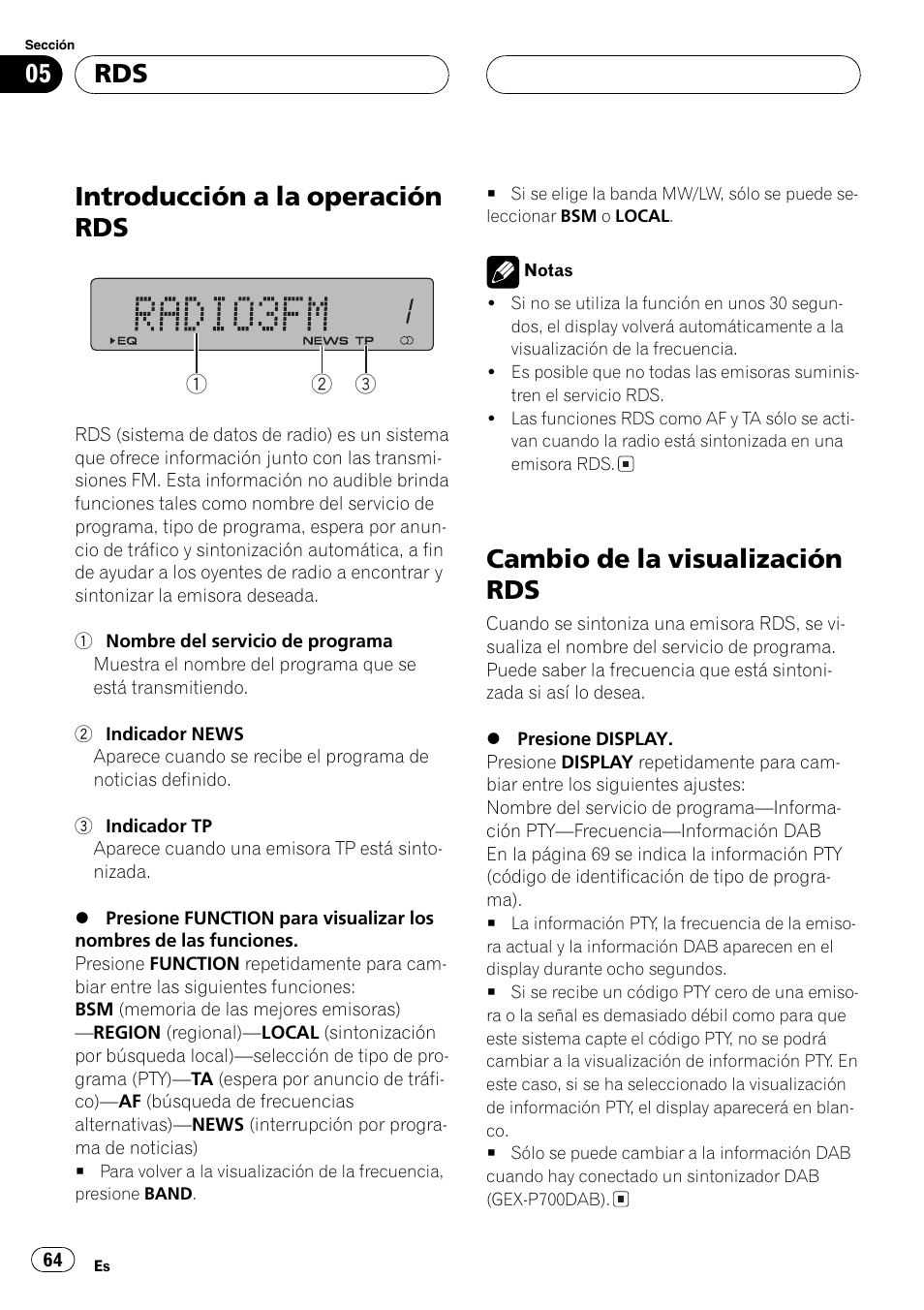 Introducción a la operación rds 64, Cambio de la visualización rds 64, Introducción a la operación rds | Cambio de la visualización rds | Pioneer DEH-P77MP User Manual | Page 64 / 112