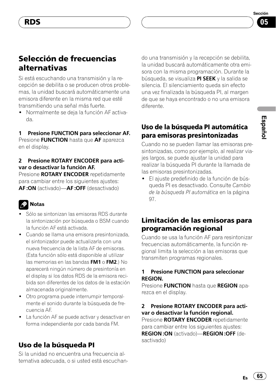 Selección de frecuencias alternativas 65, Uso de la búsqueda pi 65, Uso de la búsqueda pi automática | Para emisoras presintonizadas 65, Limitación de las emisoras para, Programación regional 65, Selección de frecuencias alternativas, Uso de la búsqueda pi | Pioneer DEH-P77MP User Manual | Page 65 / 112