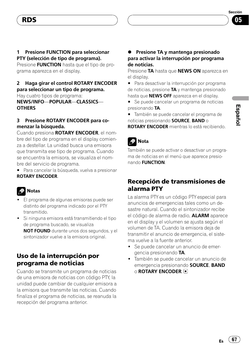 Uso de la interrupción por programa, De noticias 67, Recepción de transmisiones de | Alarma pty 67, Uso de la interrupción por programa de noticias, Recepción de transmisiones de alarma pty | Pioneer DEH-P77MP User Manual | Page 67 / 112