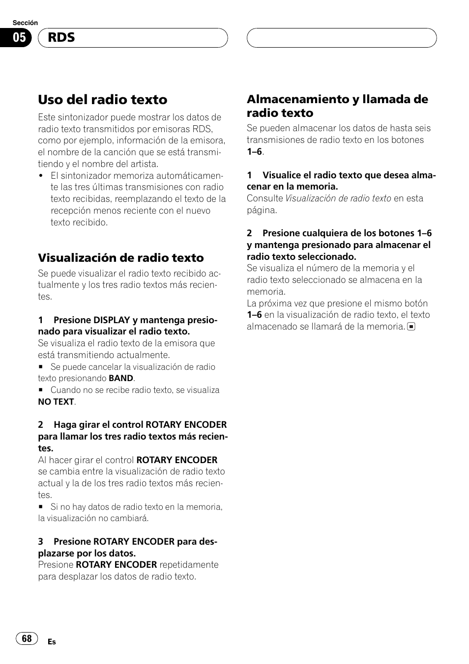 Uso del radio texto 68, Visualización de radio texto 68, Almacenamiento y llamada de radio | Texto 68, Uso del radio texto, Visualización de radio texto, Almacenamiento y llamada de radio texto | Pioneer DEH-P77MP User Manual | Page 68 / 112