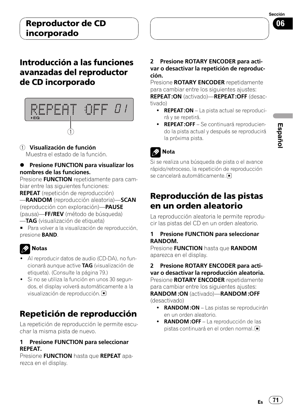 Introducción a las funciones avanzadas del, Reproductor de cd incorporado 71, Repetición de reproducción 71 | Reproducción de las pistas en un orden, Aleatorio 71, Guiente, Repetición de reproducción, Reproducción de las pistas en un orden aleatorio, Reproductor de cd incorporado | Pioneer DEH-P77MP User Manual | Page 71 / 112