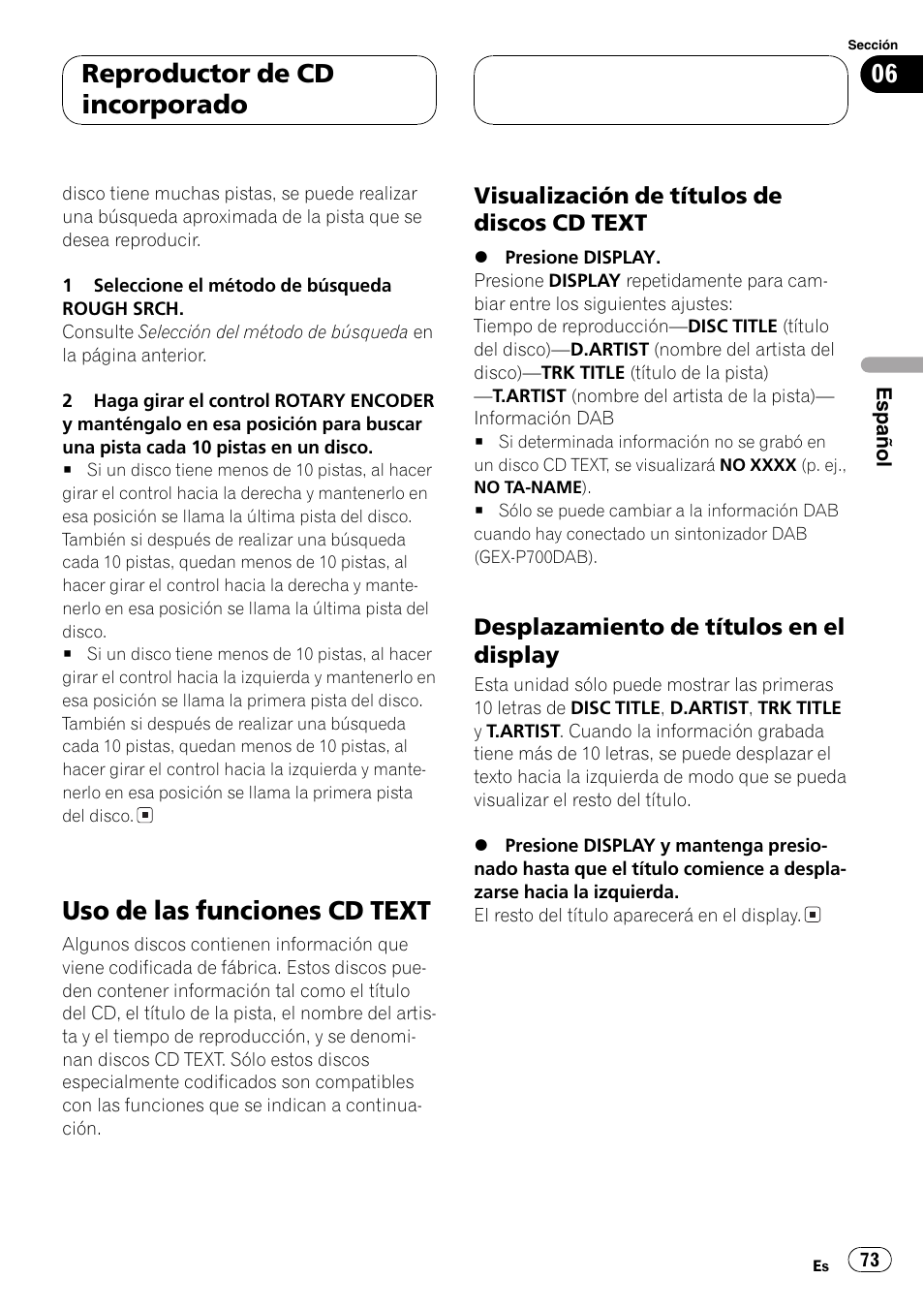 Uso de las funciones cd text 73, Visualización de títulos de discos cd, Text 73 | Desplazamiento de títulos en el, Display 73, Uso de las funciones cd text, Reproductor de cd incorporado | Pioneer DEH-P77MP User Manual | Page 73 / 112