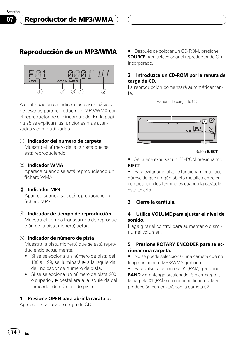 Reproductor de mp3/wma, Reproducción de un mp3/wma 74, Reproducción de un mp3/wma | Pioneer DEH-P77MP User Manual | Page 74 / 112