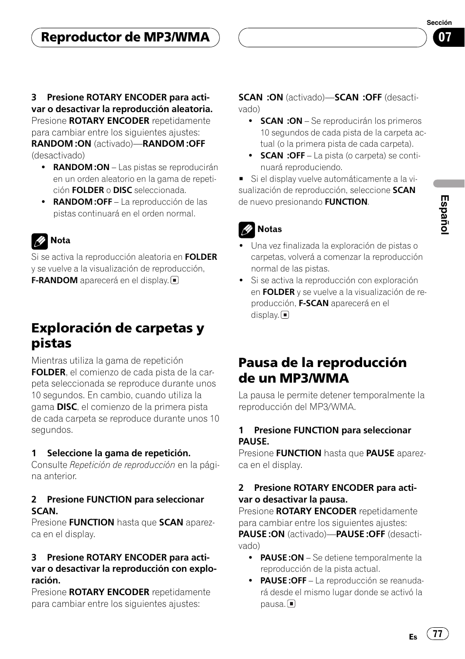Exploración de carpetas y pistas 77, Pausa de la reproducción de un mp3, Wma 77 | Exploración de carpetas y pistas, Pausa de la reproducción de un mp3/wma, Reproductor de mp3/wma | Pioneer DEH-P77MP User Manual | Page 77 / 112