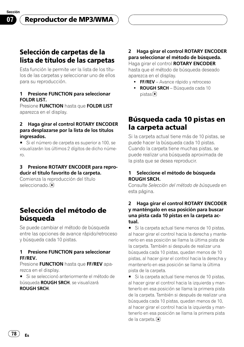 Selección de carpetas de la lista de títulos de, Las carpetas 78, Selección del método de búsqueda 78 | Búsqueda cada 10 pistas en la carpeta, Actual 78, Selección del método de búsqueda, Búsqueda cada 10 pistas en la carpeta actual, Reproductor de mp3/wma | Pioneer DEH-P77MP User Manual | Page 78 / 112