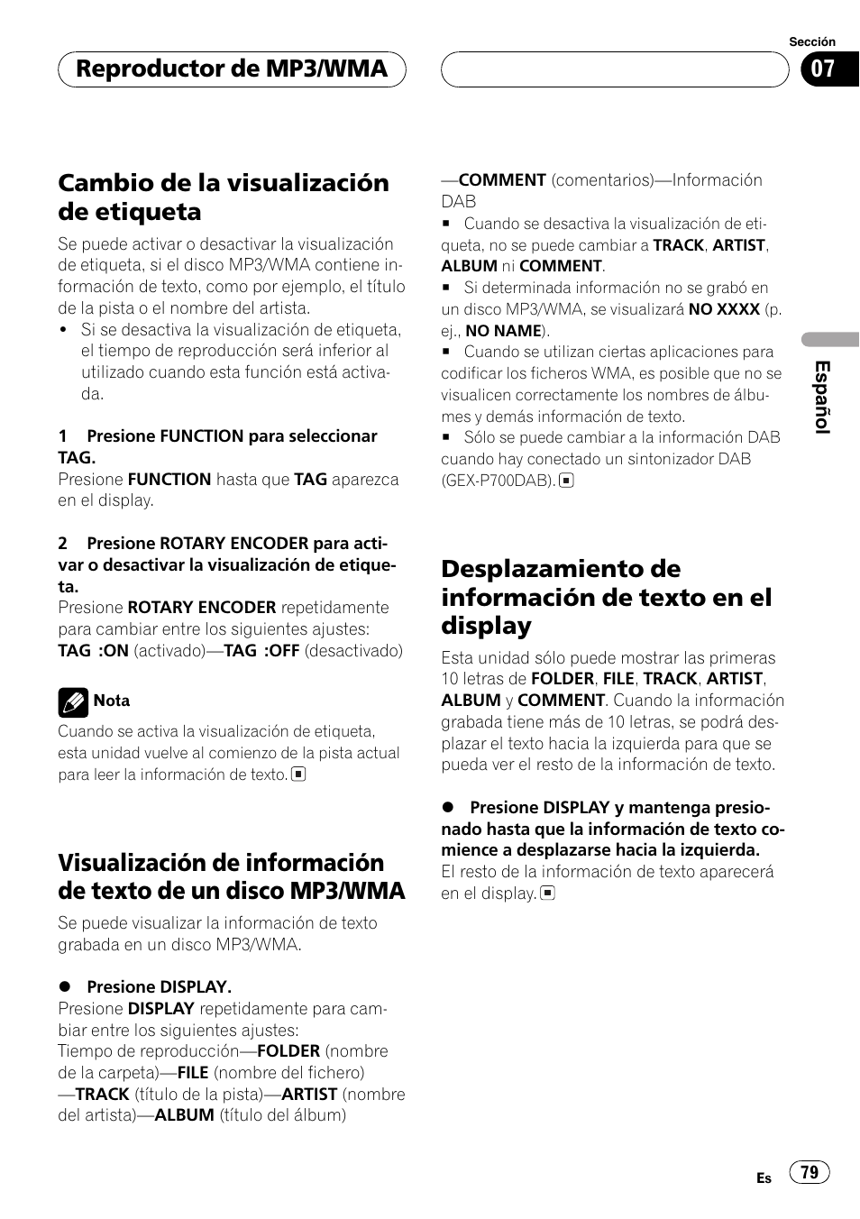 Cambio de la visualización de etiqueta 79, Visualización de información de texto de un, Disco mp3/wma 79 | Desplazamiento de información de texto en, El display 79, Cambio de la visualización de etiqueta, Reproductor de mp3/wma | Pioneer DEH-P77MP User Manual | Page 79 / 112