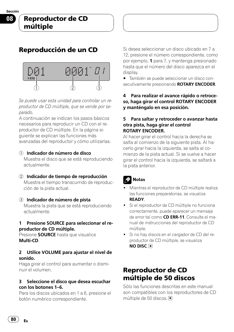 Reproductor de cd múltiple, Reproducción de un cd 80, Reproductor de cd múltiple de 50 | Discos 80, Reproducción de un cd, Reproductor de cd múltiple de 50 discos | Pioneer DEH-P77MP User Manual | Page 80 / 112