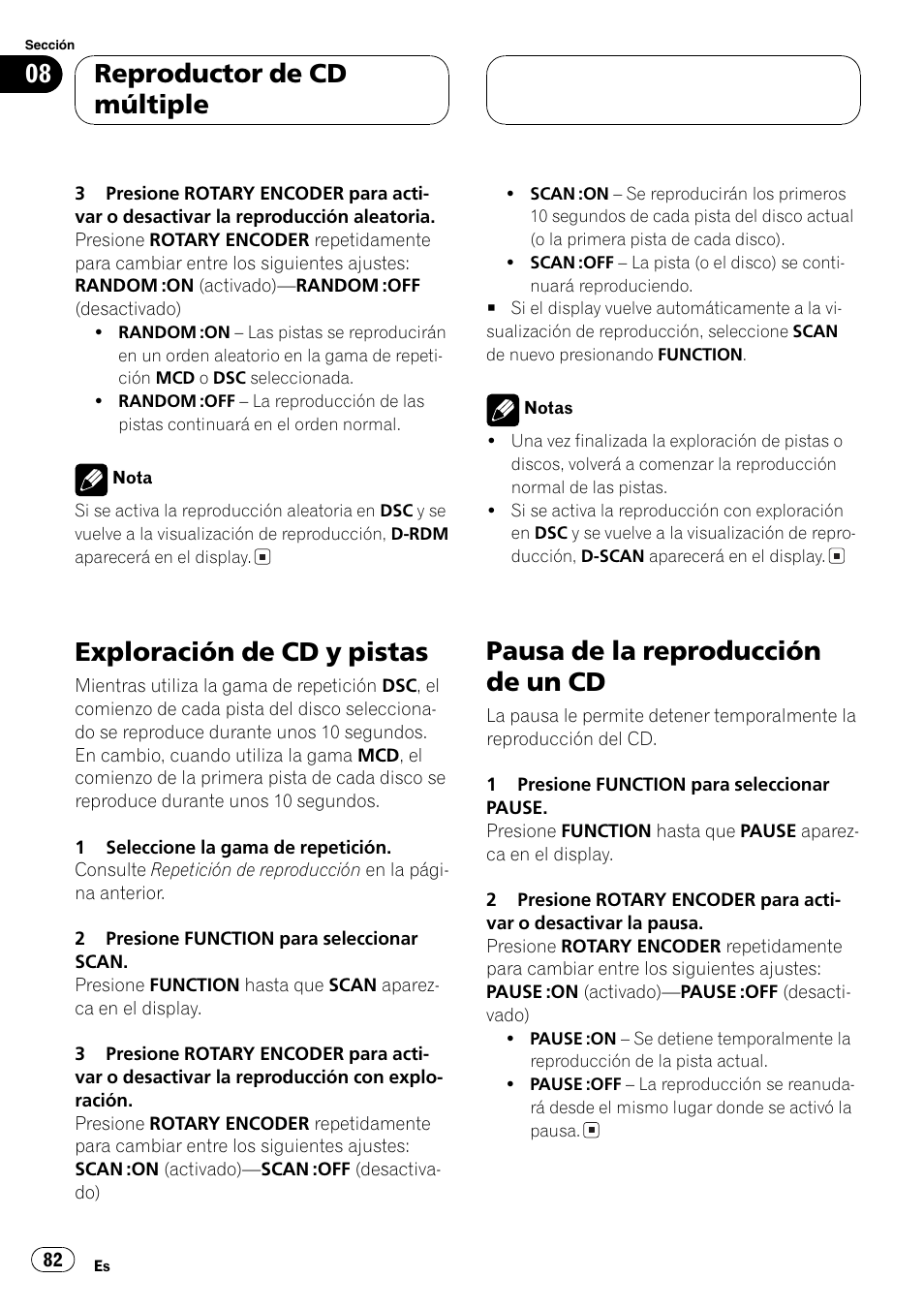 Exploración de cd y pistas 82, Pausa de la reproducción de un cd 82, Exploración de cd y pistas | Pausa de la reproducción de un cd, Reproductor de cd múltiple | Pioneer DEH-P77MP User Manual | Page 82 / 112
