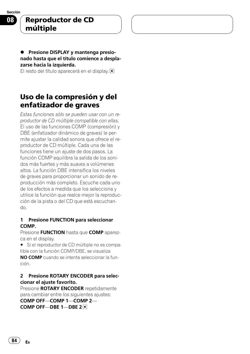 Uso de la compresión y del enfatizador de, Graves 84, Uso de la compresión y del enfatizador de graves | Reproductor de cd múltiple | Pioneer DEH-P77MP User Manual | Page 84 / 112
