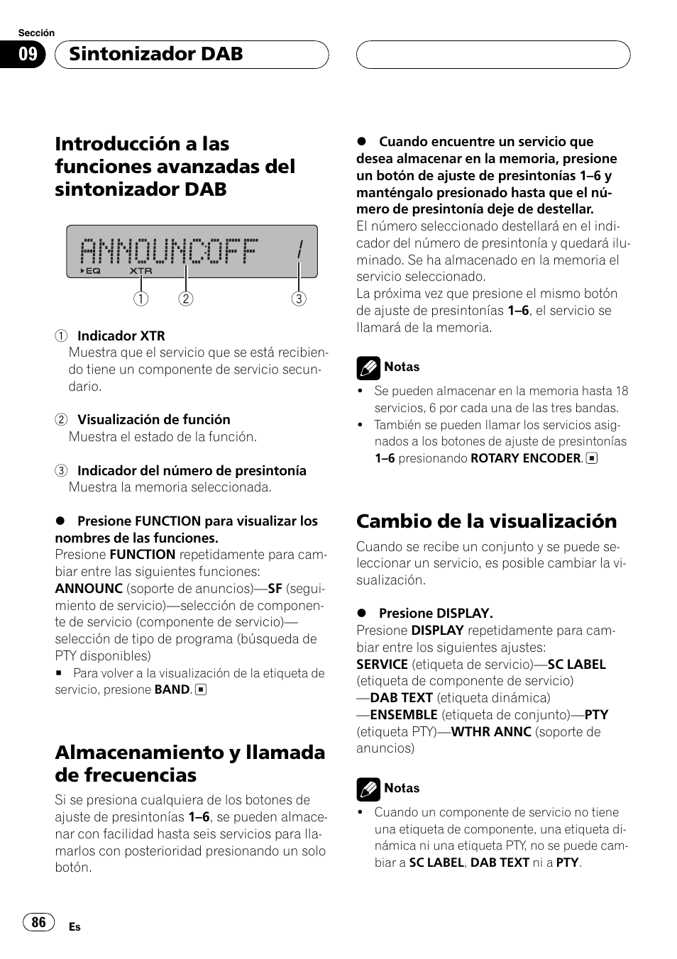 Introducción a las funciones avanzadas del, Sintonizador dab 86, Almacenamiento y llamada de | Frecuencias 86, Cambio de la visualización 86, Almacenamiento y llamada de frecuencias, Cambio de la visualización, Sintonizador dab | Pioneer DEH-P77MP User Manual | Page 86 / 112