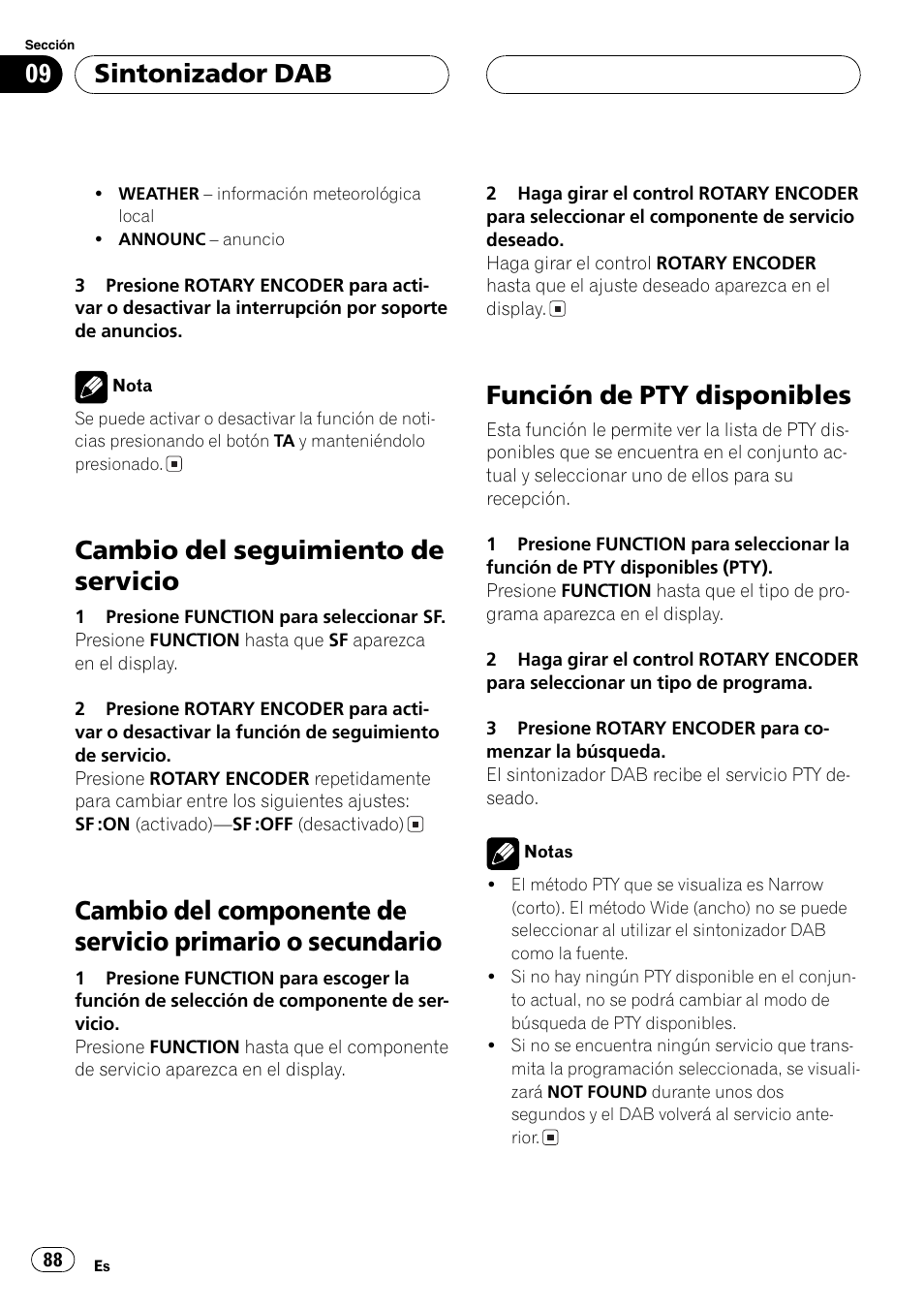 Cambio del seguimiento de servicio 88, Cambio del componente de servicio primario, O secundario 88 | Función de pty disponibles 88, Cambio del seguimiento de servicio, Función de pty disponibles, Sintonizador dab | Pioneer DEH-P77MP User Manual | Page 88 / 112