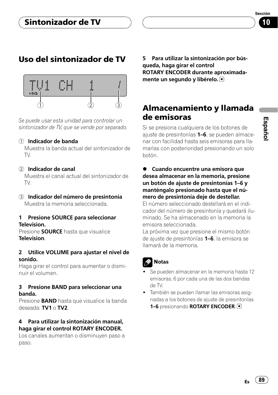 Sintonizador de tv, Uso del sintonizador de tv 89, Almacenamiento y llamada de emisoras 89 | Uso del sintonizador de tv, Almacenamiento y llamada de emisoras | Pioneer DEH-P77MP User Manual | Page 89 / 112