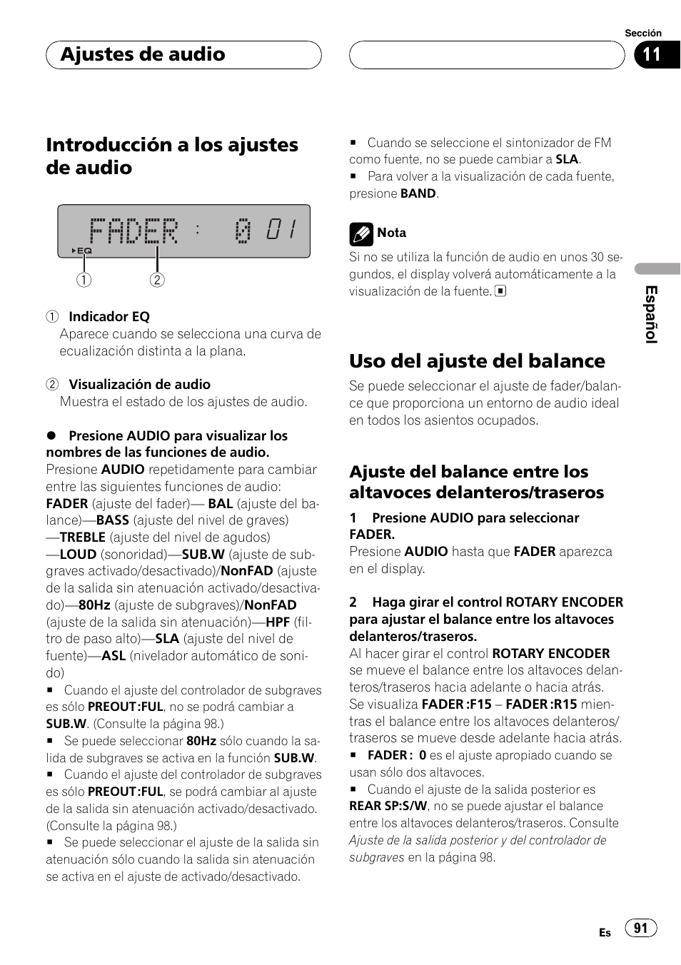 Ajustes de audio, Introducción a los ajustes de audio 91, Uso del ajuste del balance 91 | Ajuste del balance entre los altavoces, Delanteros/traseros 91, Introducción a los ajustes de audio, Uso del ajuste del balance | Pioneer DEH-P77MP User Manual | Page 91 / 112
