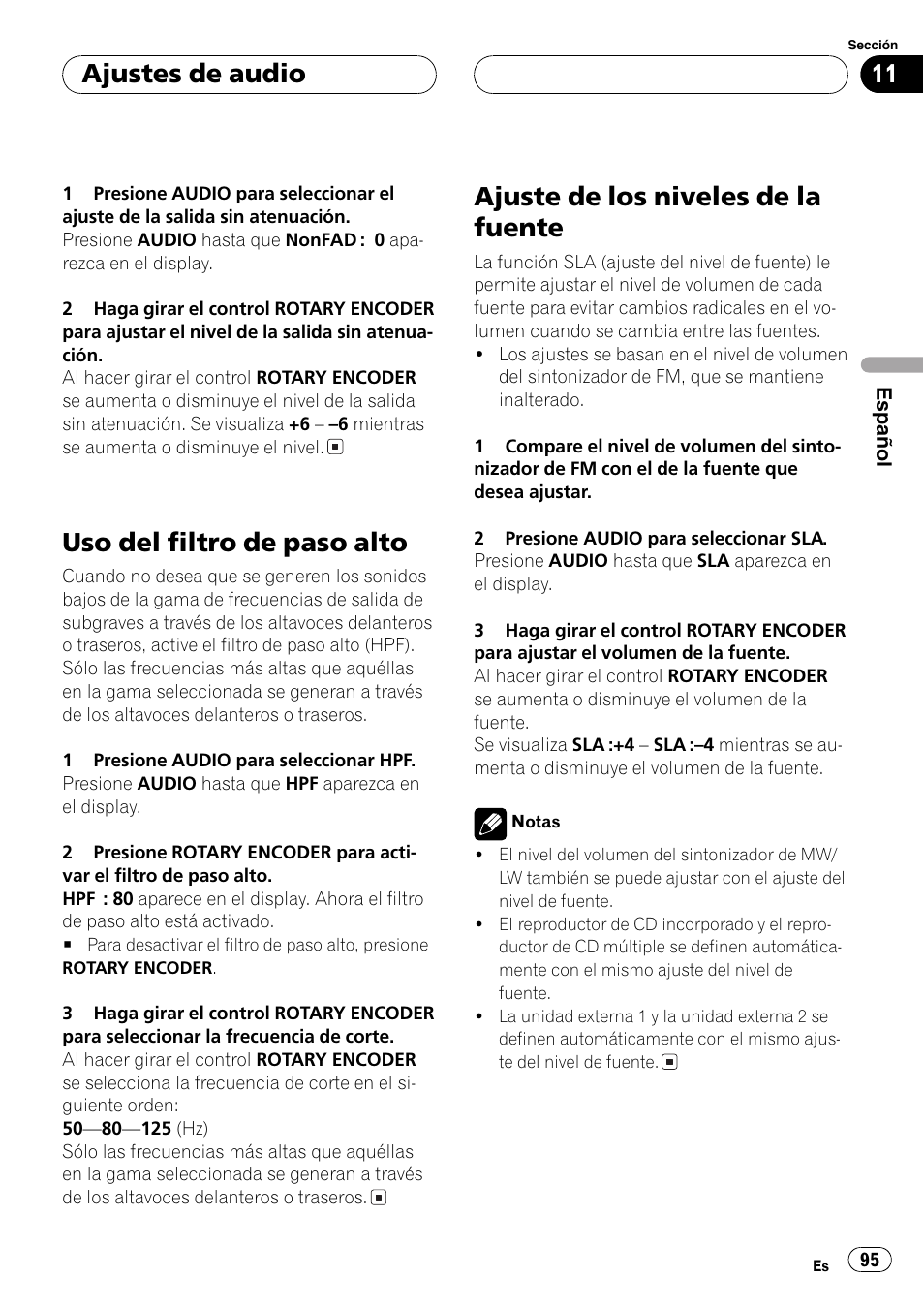 Uso del filtro de paso alto 95, Ajuste de los niveles de la fuente 95, Uso del filtro de paso alto | Ajuste de los niveles de la fuente, Ajustes de audio | Pioneer DEH-P77MP User Manual | Page 95 / 112