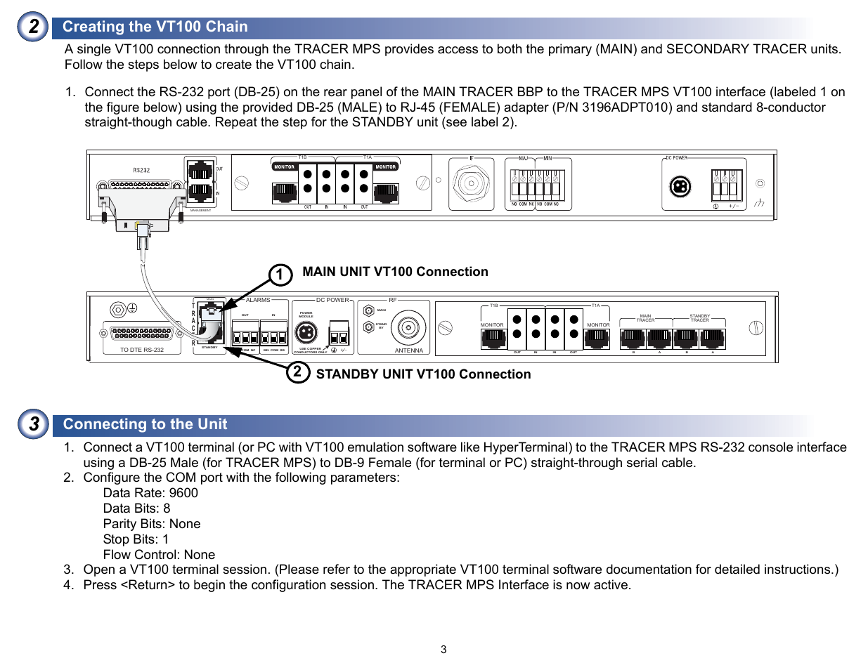 Creating the vt100 chain, Connecting to the unit | ADTRAN TRACER Protection Switch User Manual | Page 3 / 9