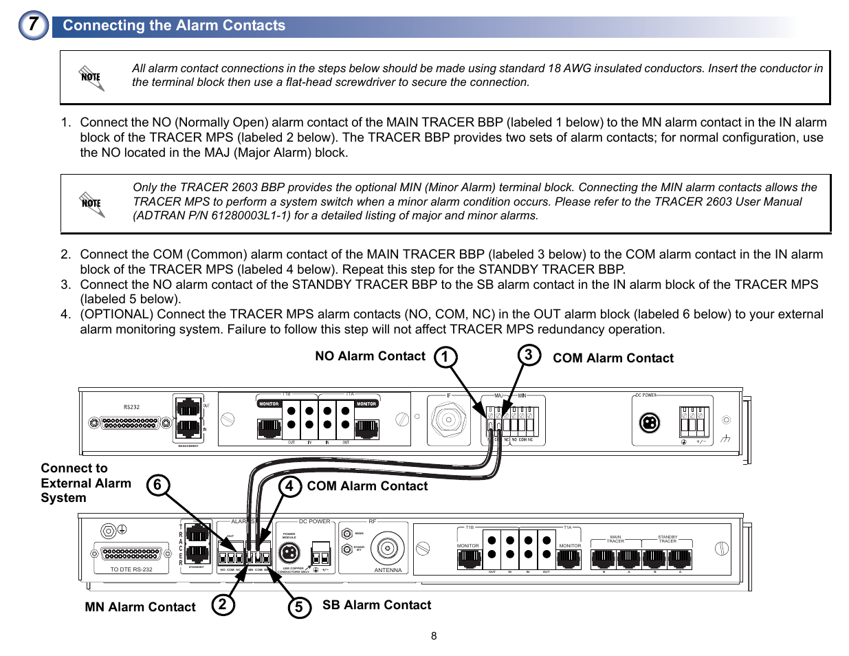Connecting the alarm contacts | ADTRAN TRACER Protection Switch User Manual | Page 8 / 9