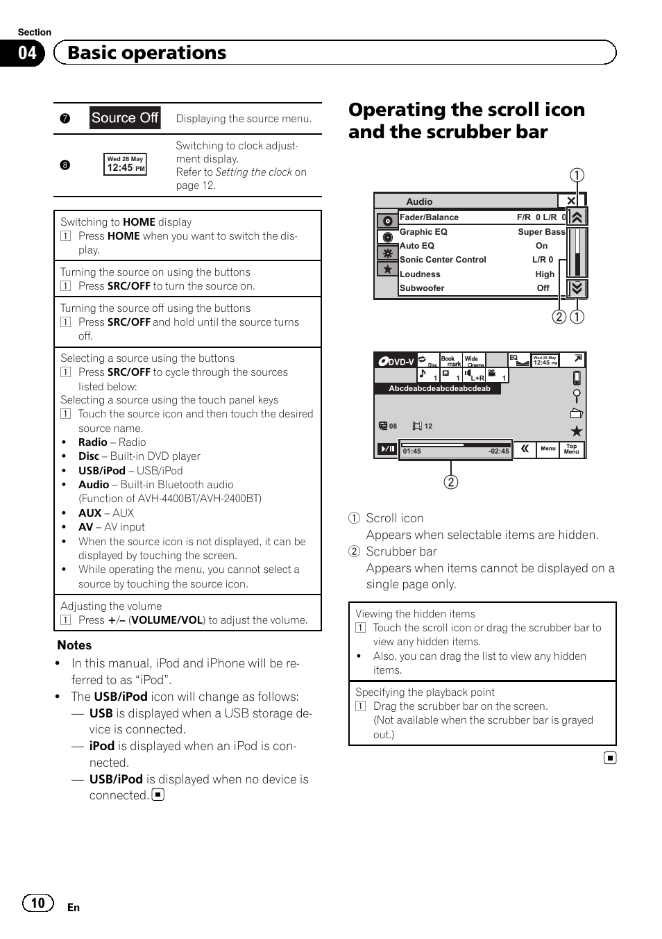 Operating the scroll icon and the scrubber, Operating the scroll icon and the scrubber bar, 04 basic operations | Pioneer AVH-3400DVD User Manual | Page 10 / 76