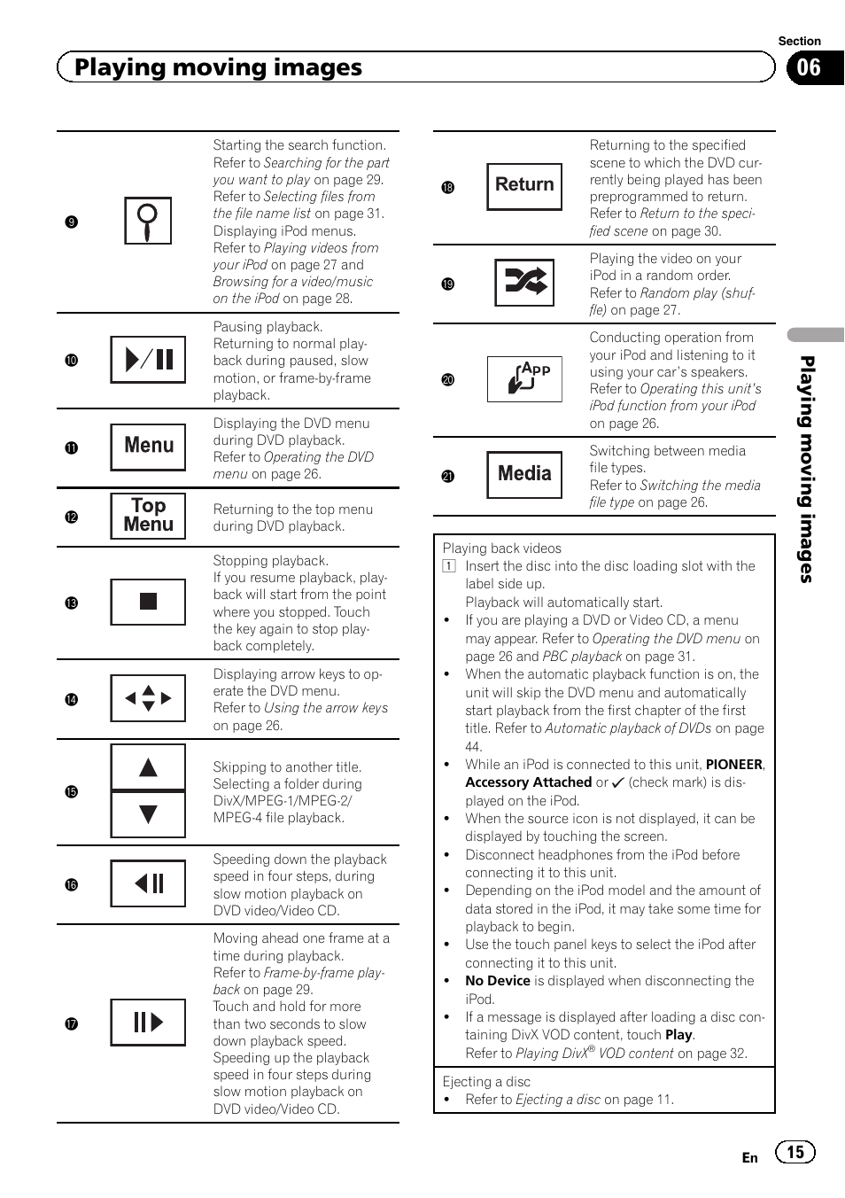 Return, Playing moving images | Pioneer AVH-3400DVD User Manual | Page 15 / 76