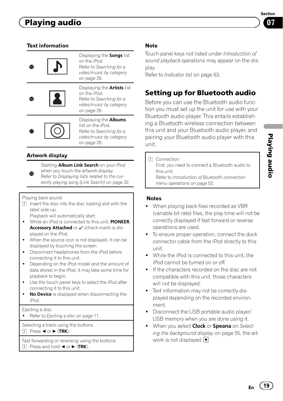 Setting up for bluetooth audio, Playing audio | Pioneer AVH-3400DVD User Manual | Page 19 / 76