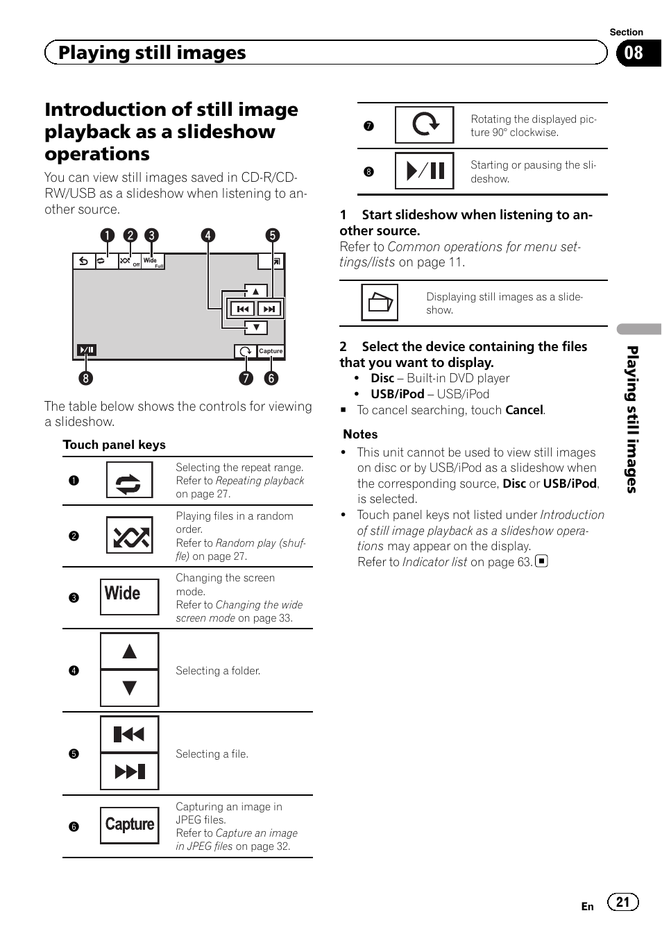 Introduction of still image playback as a, Slideshow operations, Playing still images | Pioneer AVH-3400DVD User Manual | Page 21 / 76