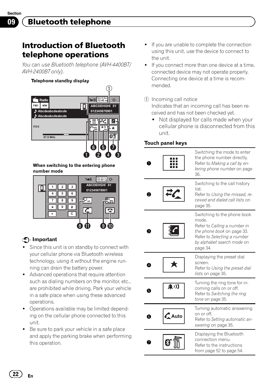 Operations, Introduction of bluetooth telephone operations, 09 bluetooth telephone | 8a b 9, Touch panel keys | Pioneer AVH-3400DVD User Manual | Page 22 / 76