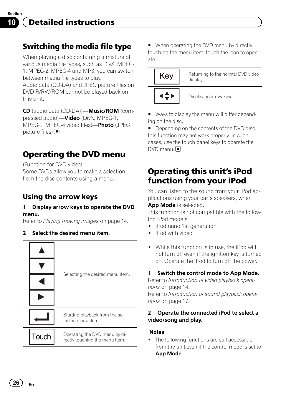 Switching the media file type, Operating the dvd menu, Operating this unit | S ipod function from your, Ipod, S ipod function from, 10 detailed instructions | Pioneer AVH-3400DVD User Manual | Page 26 / 76