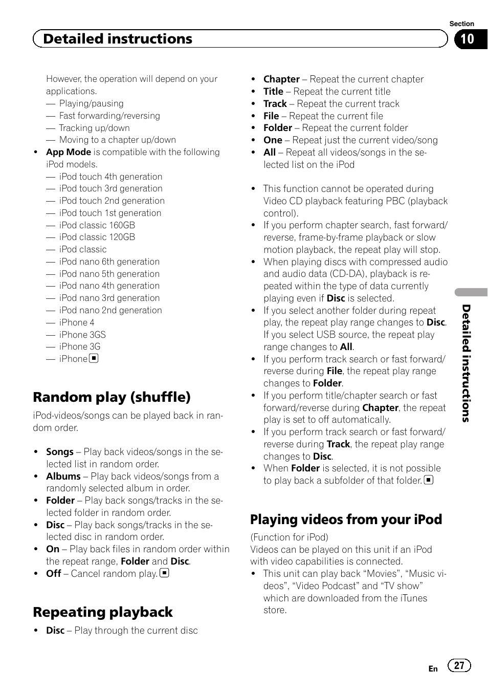 Random play (shuffle), Repeating playback, Playing videos from your ipod | Detailed instructions | Pioneer AVH-3400DVD User Manual | Page 27 / 76