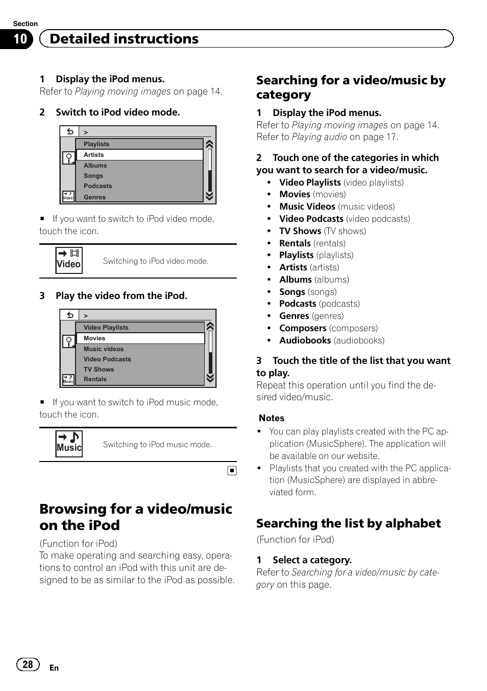 Browsing for a video/music on the ipod, 10 detailed instructions, Searching for a video/music by category | Searching the list by alphabet | Pioneer AVH-3400DVD User Manual | Page 28 / 76