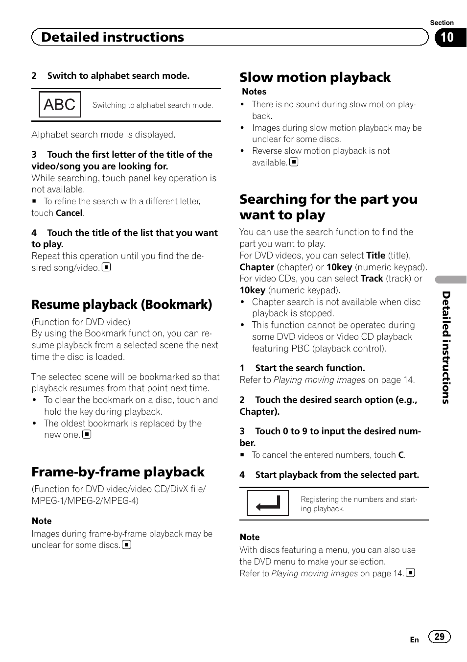 Resume playback (bookmark), Frame-by-frame playback, Slow motion playback | Searching for the part you want to play, Detailed instructions | Pioneer AVH-3400DVD User Manual | Page 29 / 76