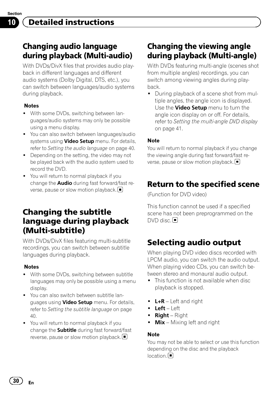 Changing audio language during playback, Multi-audio), Changing the subtitle language during | Playback (multi-subtitle), Changing the viewing angle during playback, Multi-angle), Return to the specified scene, Selecting audio output, 10 detailed instructions | Pioneer AVH-3400DVD User Manual | Page 30 / 76