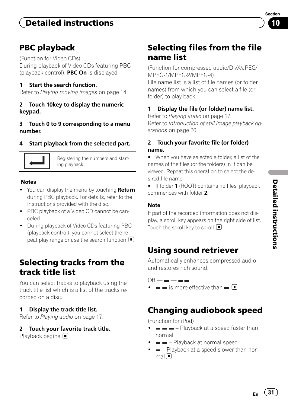 Pbc playback, Selecting tracks from the track title list, Selecting files from the file name list | Using sound retriever, Changing audiobook speed, Detailed instructions | Pioneer AVH-3400DVD User Manual | Page 31 / 76