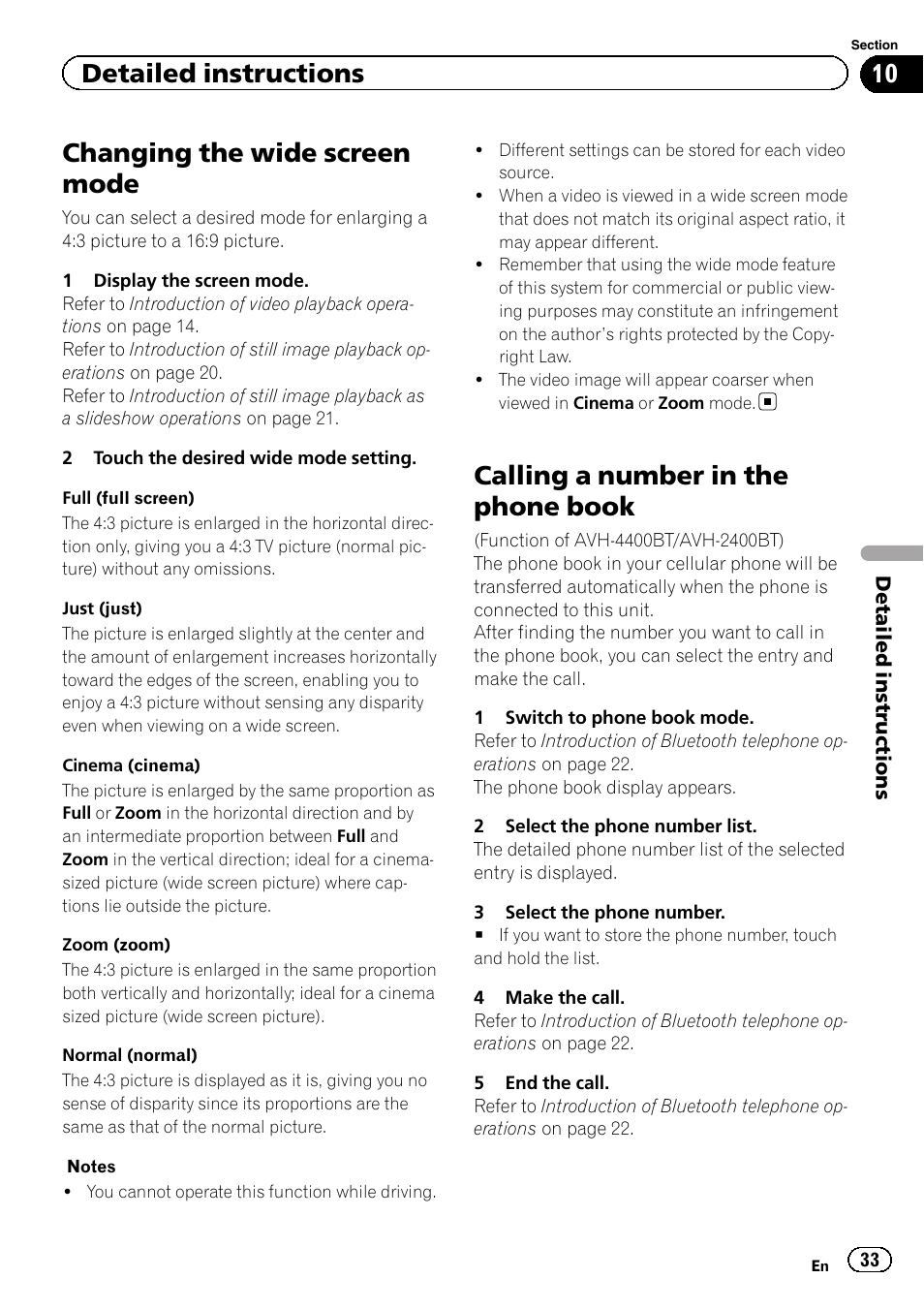Changing the wide screen mode, Calling a number in the phone book, Detailed instructions | Pioneer AVH-3400DVD User Manual | Page 33 / 76