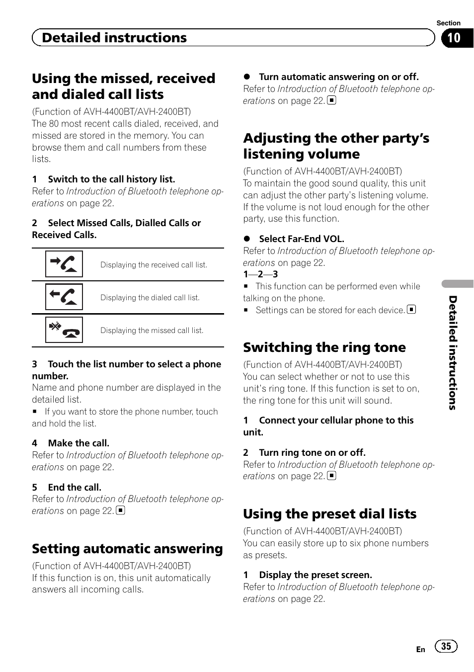 Using the missed, received and dialed call, Lists, Setting automatic answering | Adjusting the other party, S listening, Volume, Switching the ring tone, Using the preset dial lists, S listening volume on, Using the missed, received and dialed call lists | Pioneer AVH-3400DVD User Manual | Page 35 / 76