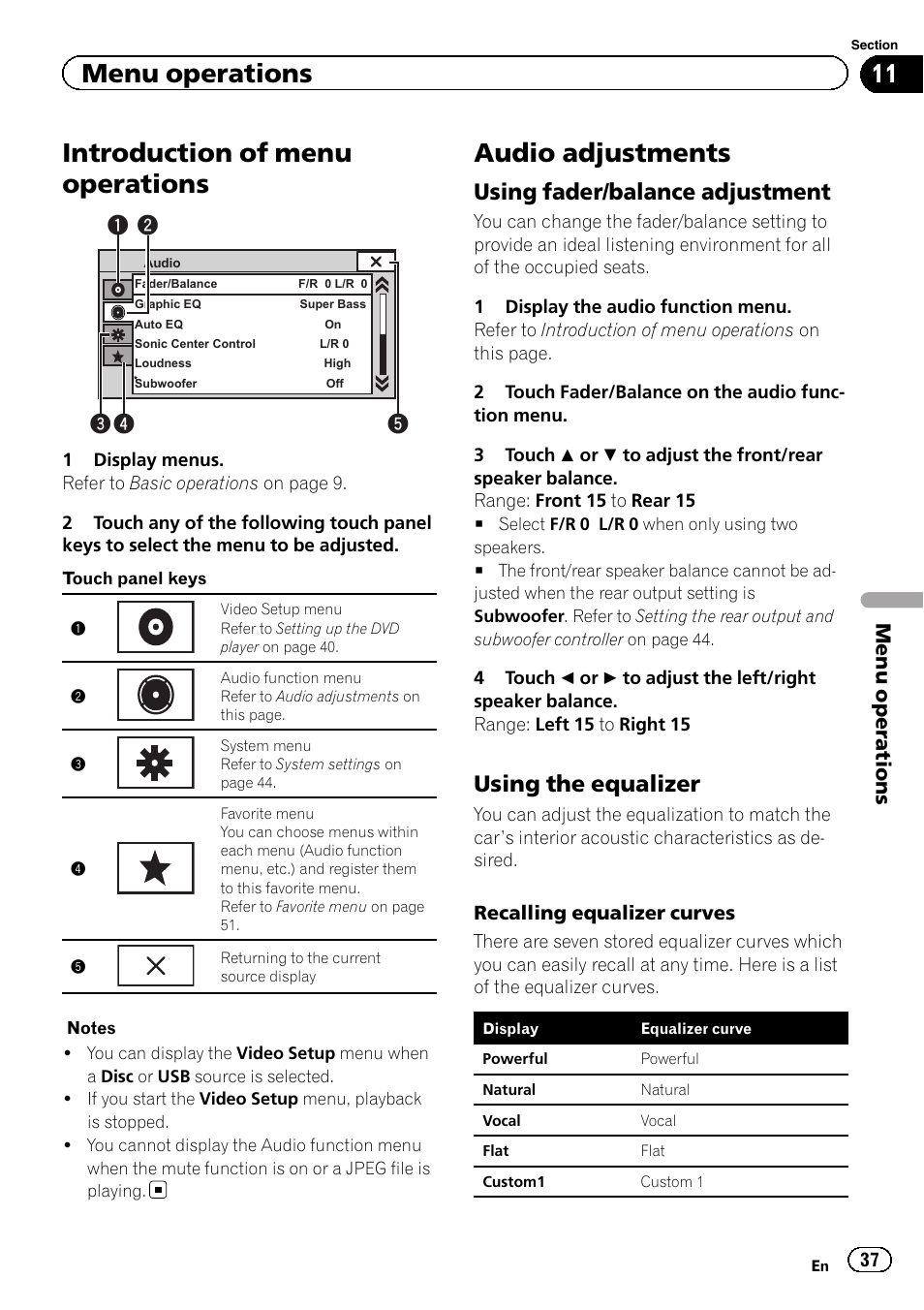 Menu operations introduction of menu operations, Audio adjustments, Introduction of menu operations | Using fader/balance adjustment, Using the equalizer, Menu operations | Pioneer AVH-3400DVD User Manual | Page 37 / 76