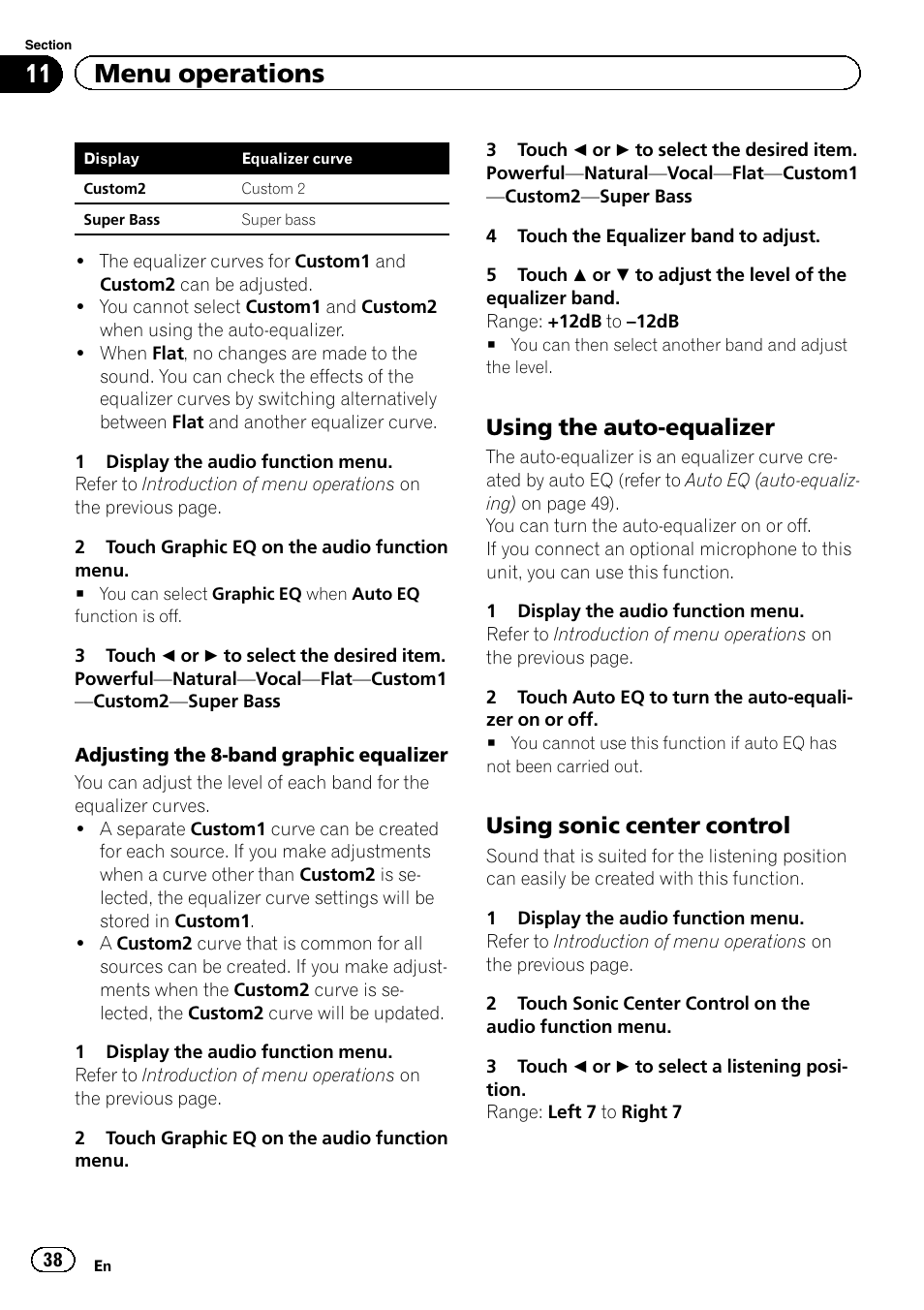 11 menu operations, Using the auto-equalizer, Using sonic center control | Pioneer AVH-3400DVD User Manual | Page 38 / 76