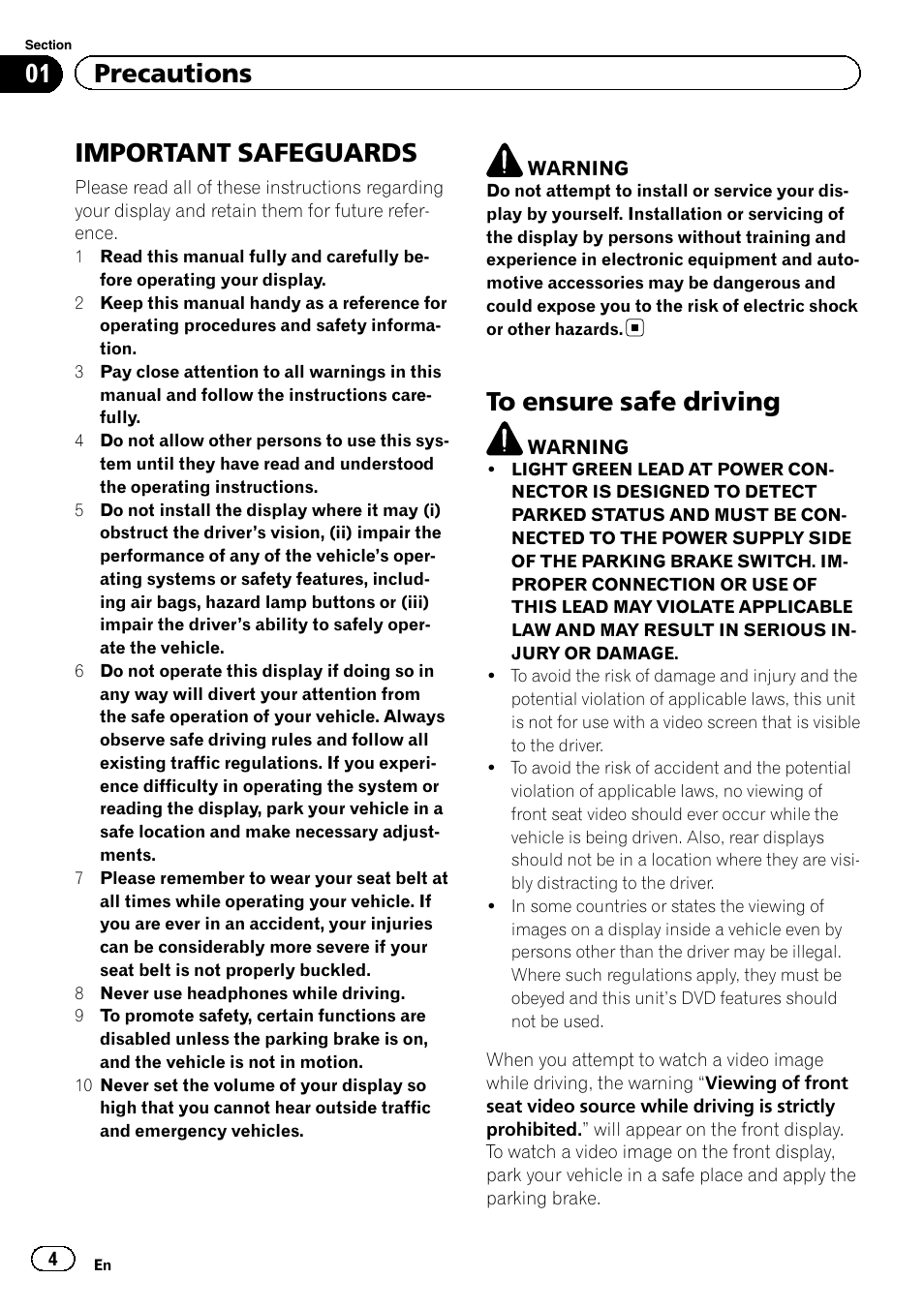 Precautions important safeguards, To ensure safe driving, Important safeguards | 01 precautions | Pioneer AVH-3400DVD User Manual | Page 4 / 76