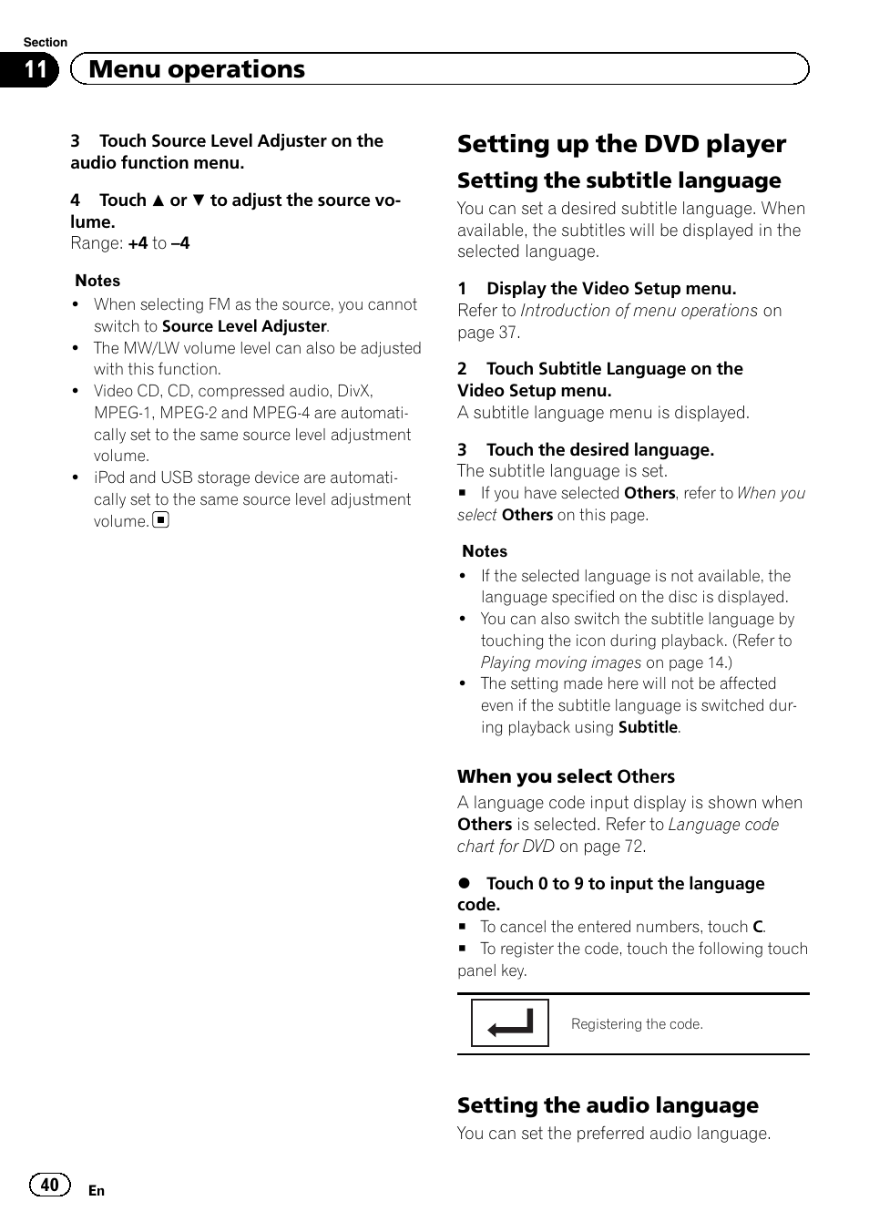 Setting up the dvd player, 11 menu operations, Setting the subtitle language | Setting the audio language | Pioneer AVH-3400DVD User Manual | Page 40 / 76