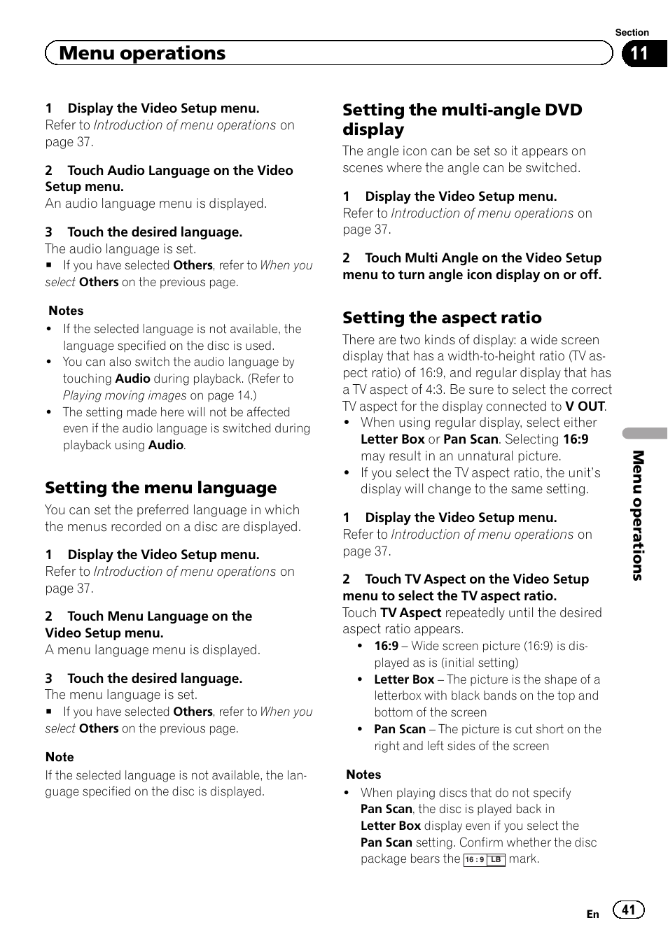 Menu operations, Setting the menu language, Setting the multi-angle dvd display | Setting the aspect ratio | Pioneer AVH-3400DVD User Manual | Page 41 / 76