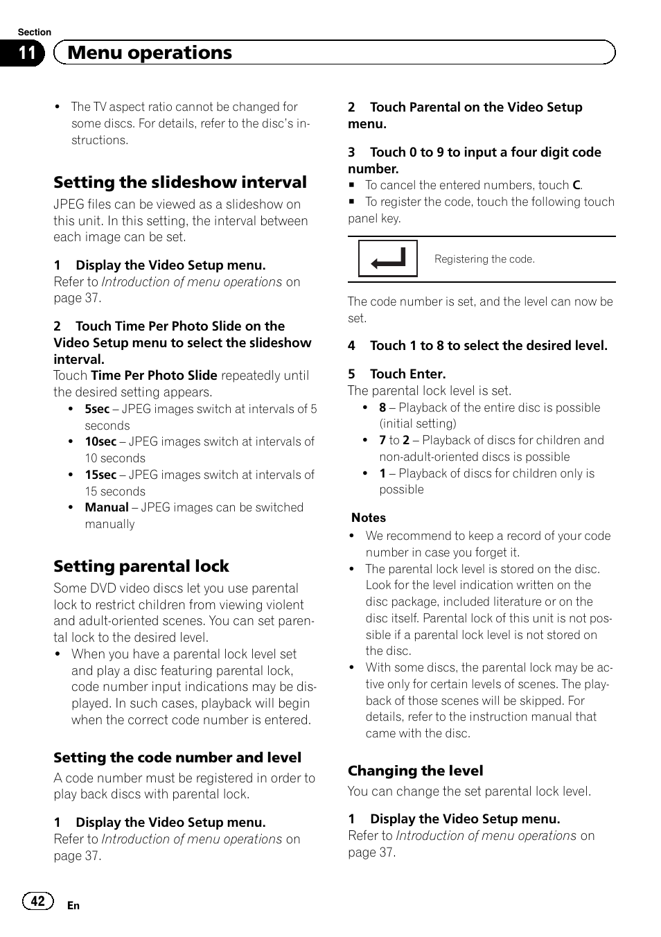 11 menu operations, Setting the slideshow interval, Setting parental lock | Pioneer AVH-3400DVD User Manual | Page 42 / 76