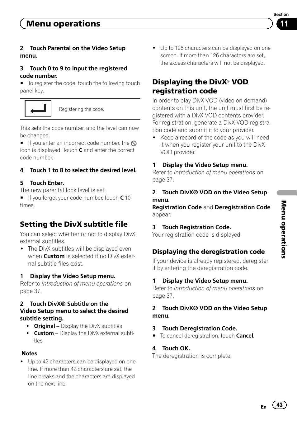 Displaying the divx, Menu operations, Setting the divx subtitle file | Vod registration code | Pioneer AVH-3400DVD User Manual | Page 43 / 76