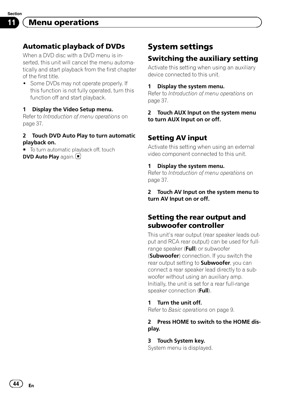 System settings, 11 menu operations | Pioneer AVH-3400DVD User Manual | Page 44 / 76