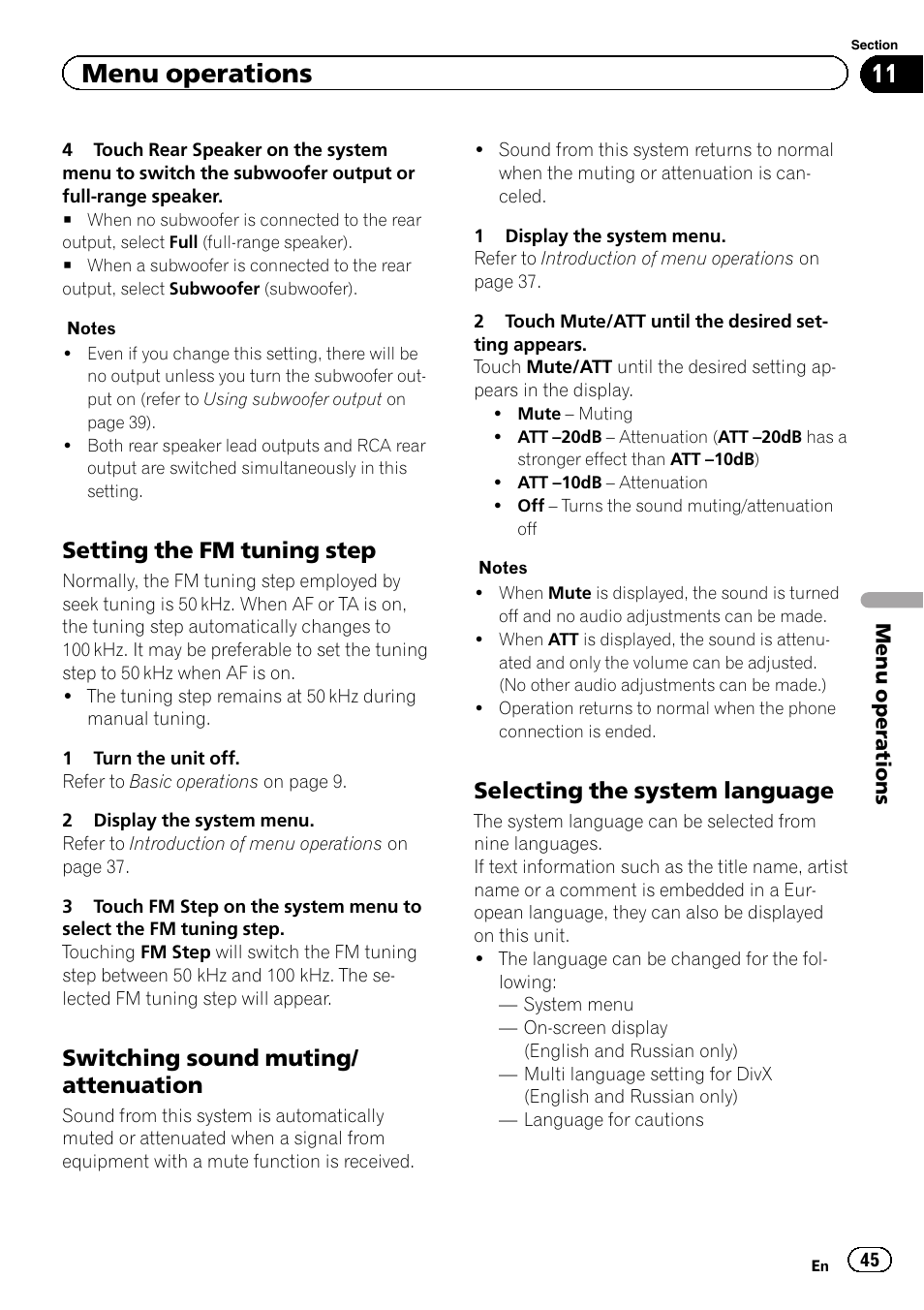 Menu operations, Setting the fm tuning step, Switching sound muting/ attenuation | Selecting the system language | Pioneer AVH-3400DVD User Manual | Page 45 / 76