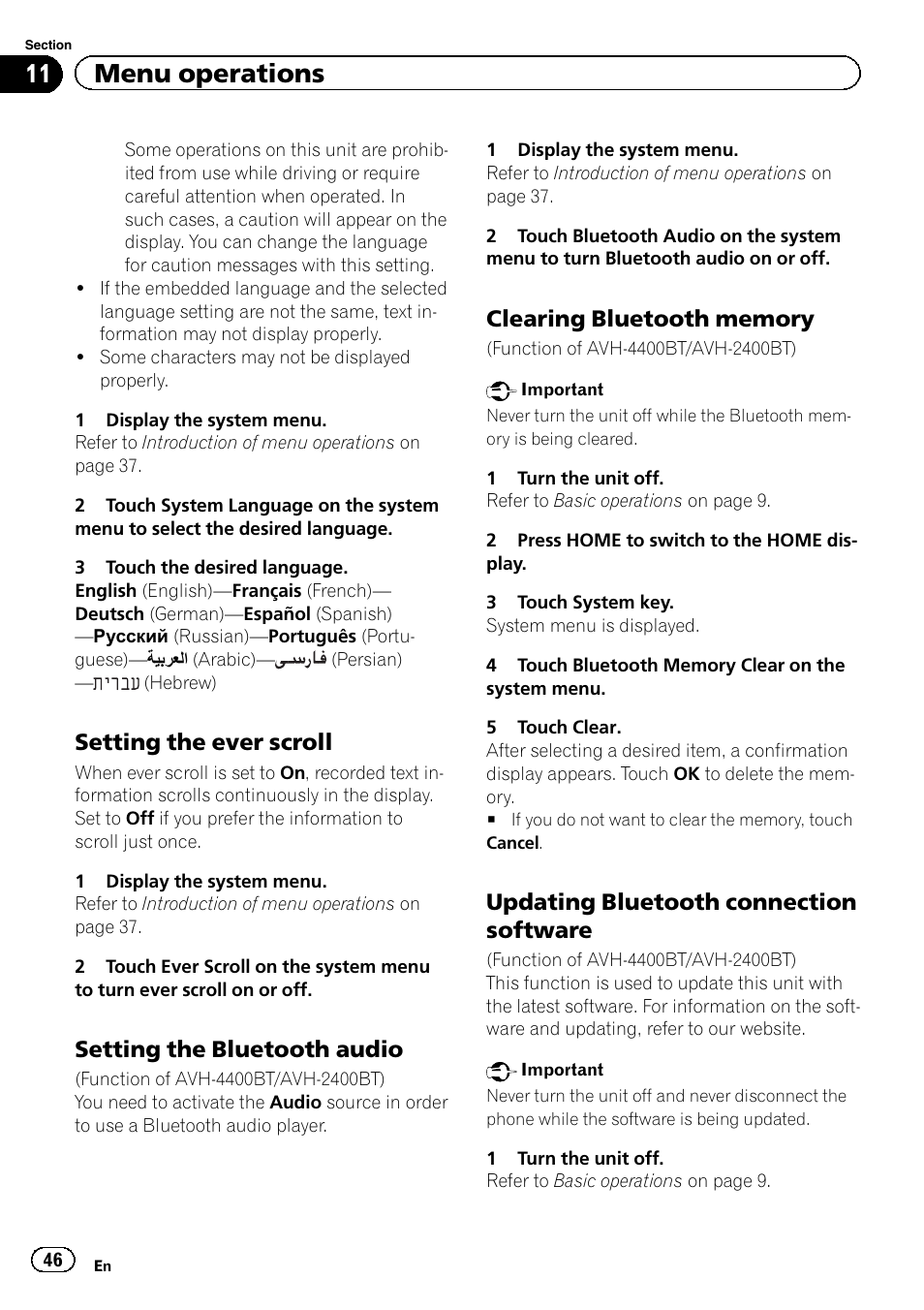 11 menu operations, Setting the ever scroll, Setting the bluetooth audio | Updating bluetooth connection software | Pioneer AVH-3400DVD User Manual | Page 46 / 76