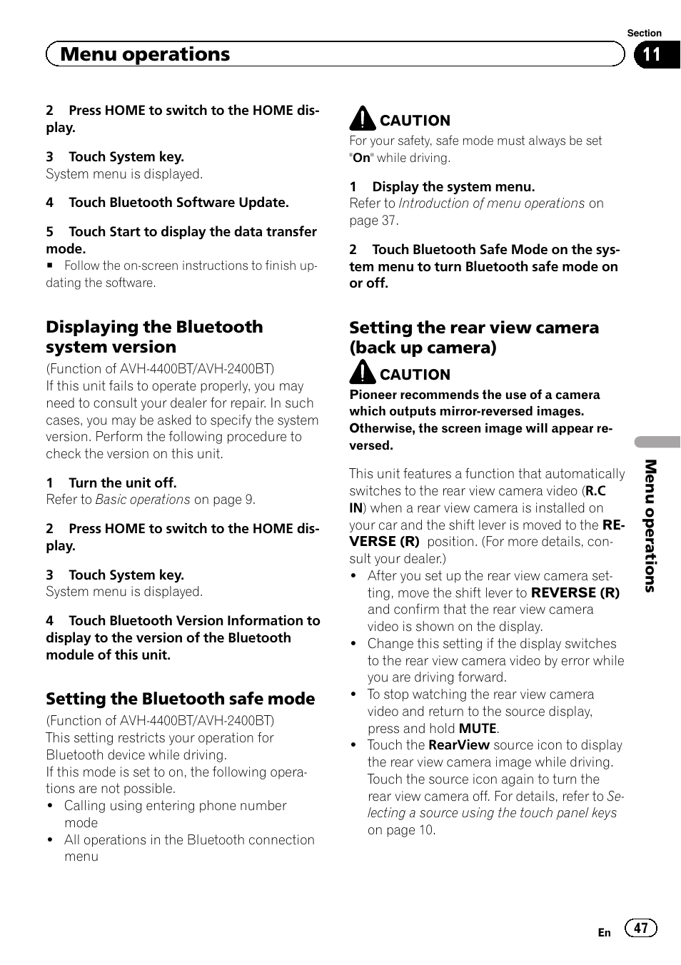 Menu operations, Displaying the bluetooth system version, Setting the bluetooth safe mode | Setting the rear view camera (back up camera) | Pioneer AVH-3400DVD User Manual | Page 47 / 76