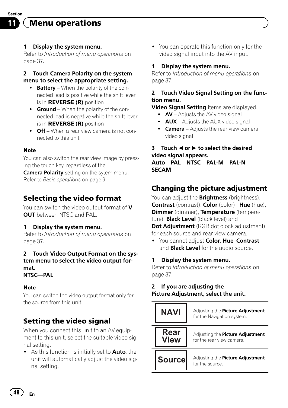 Navi, Rear view, Source | 11 menu operations, Selecting the video format, Setting the video signal, Changing the picture adjustment | Pioneer AVH-3400DVD User Manual | Page 48 / 76