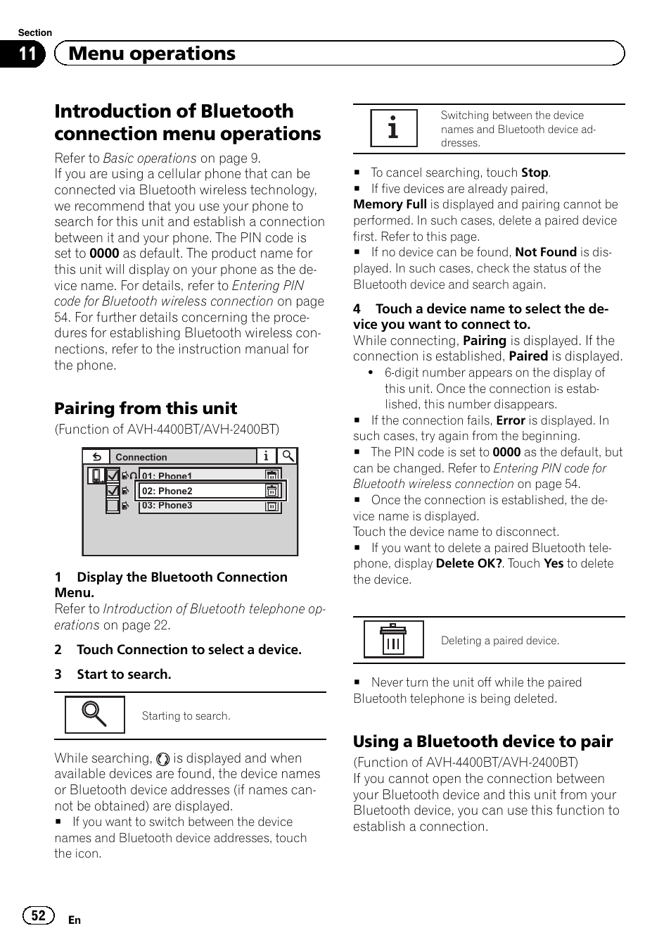 Introduction of bluetooth connection menu, Operations, 11 menu operations | Pairing from this unit, Using a bluetooth device to pair | Pioneer AVH-3400DVD User Manual | Page 52 / 76